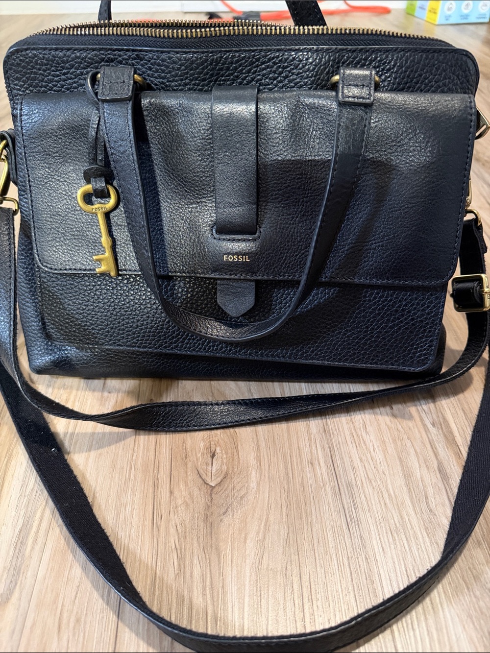 Fossil Black Leather Messenger Satchel with Key Charm
